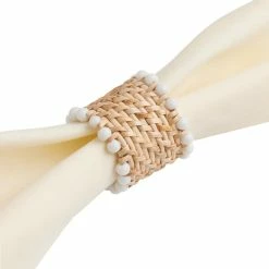 World Market Woven Cane and White Bead Napkin Ring