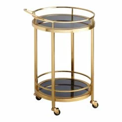 World Market Round Smoke Black Glass And Gold 2 Tier Bar Cart