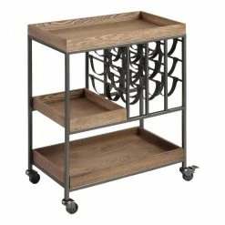 World Market Wood and Faux Leather Strap Bar Cart with Wine Storage