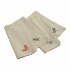 World Market White Cotton Embroidered Bug Napkins Set Of 4