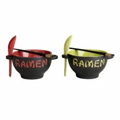 World Market Red and Green Ramen Bowls With Utensils Set of 2