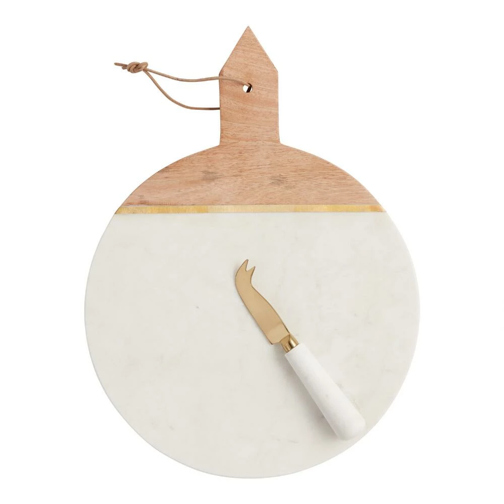 World Market White Marble and Wood Cheese Board and Knife Set