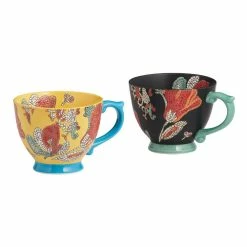 World Market Multicolor Floral Mosaic Hand Painted Ceramic Mug Set Of 2
