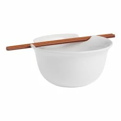 World Market White Ceramic Noodle Bowl and Bamboo Chopsticks Set