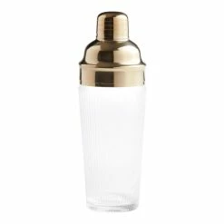 World Market Gold Metal and Ribbed Glass Cocktail Shaker