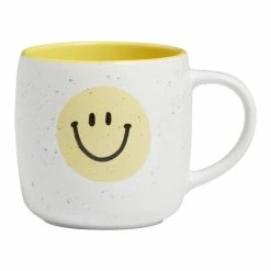 World Market White And Yellow Speckled Smiley Face Ceramic Mug