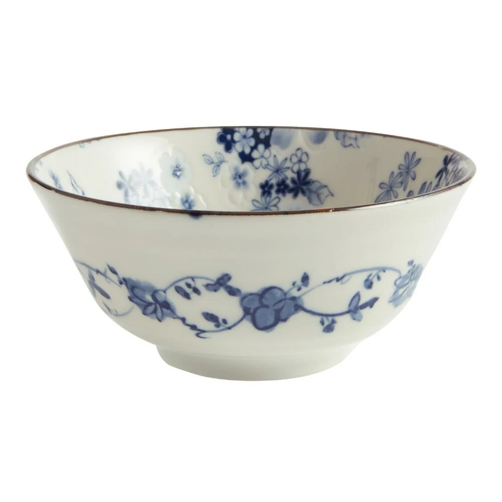 World Market Large Blue And White Porcelain Pansy Noodle Bowl